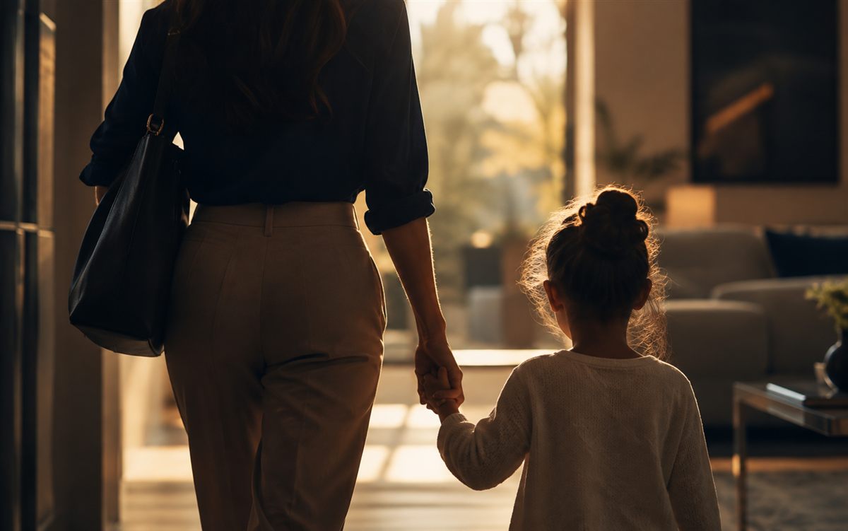 Mãe solo caminhando de mãos dadas com a filha em casa, simbolizando força e cuidado