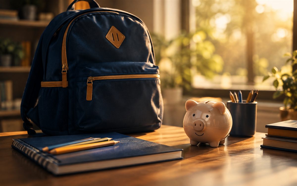 Mochila escolar e cofrinho sobre uma mesa, simbolizando o sustento e o bem-estar dos filhos