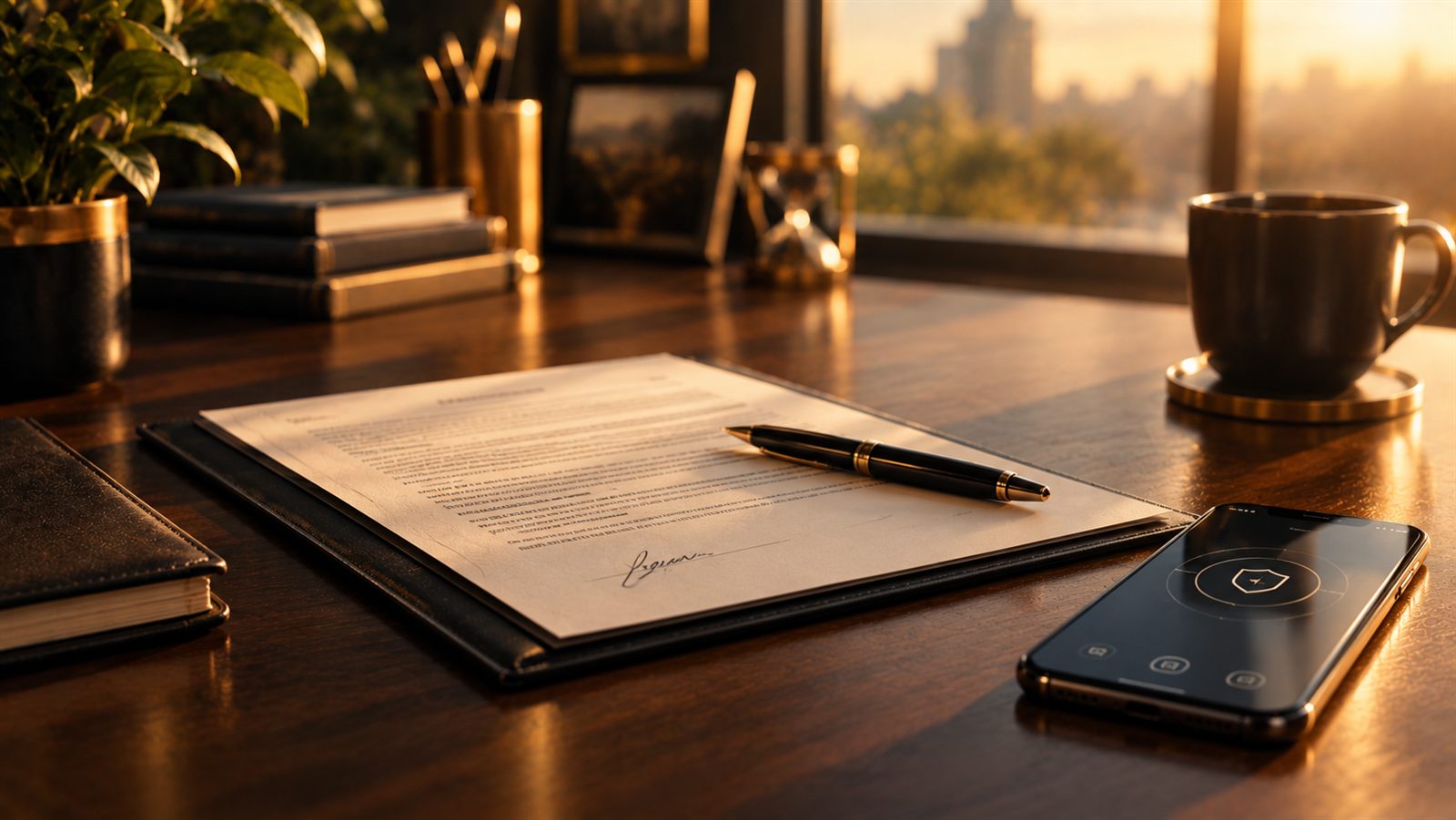 Contrato assinado sobre a mesa, ao lado de caneta e smartphone, simbolizando acordos civis e proteção ao consumidor