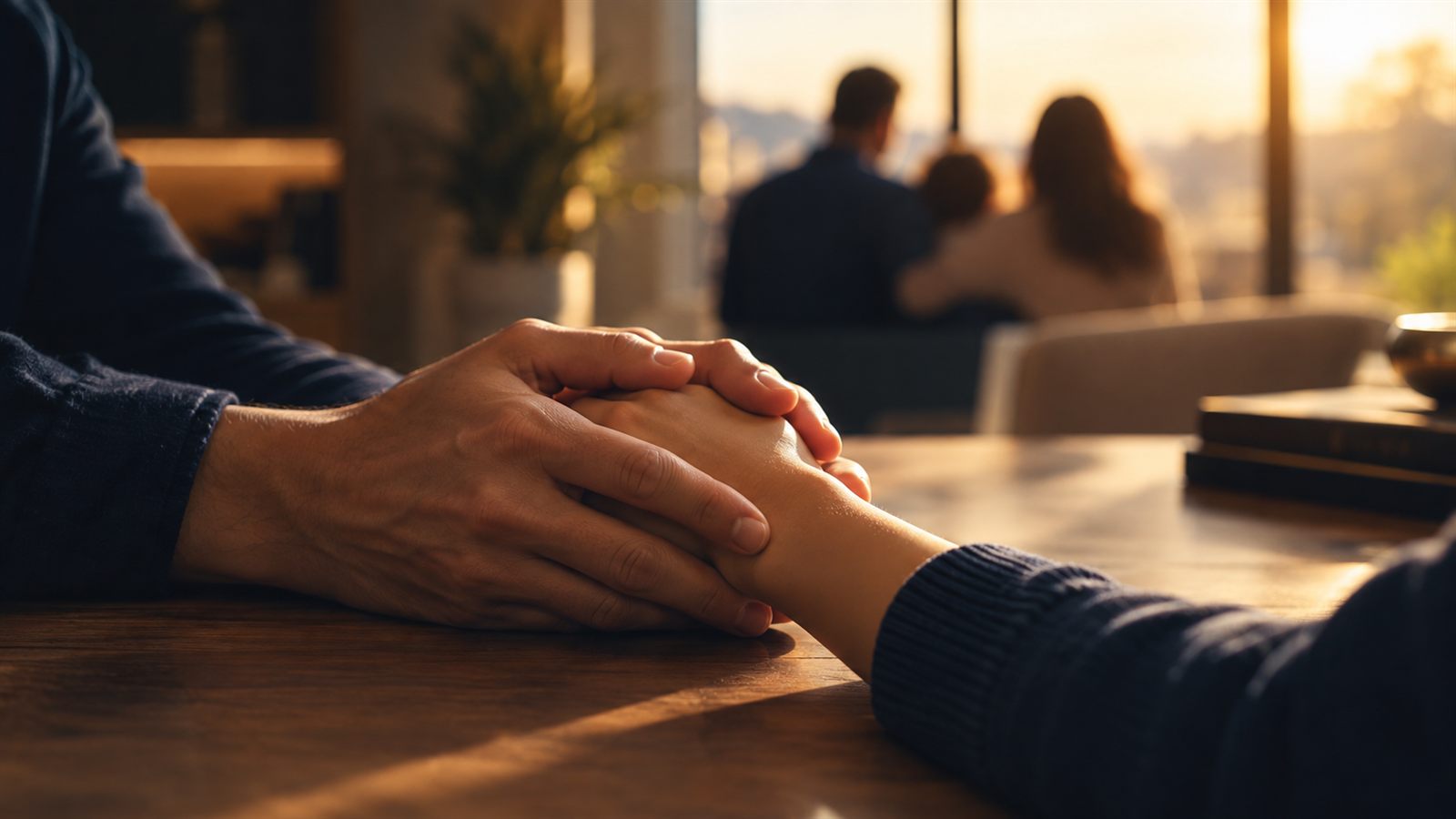 Mãos entrelaçadas de pai e filho sobre uma mesa, com a família ao fundo, simbolizando cuidado e vínculo familiar