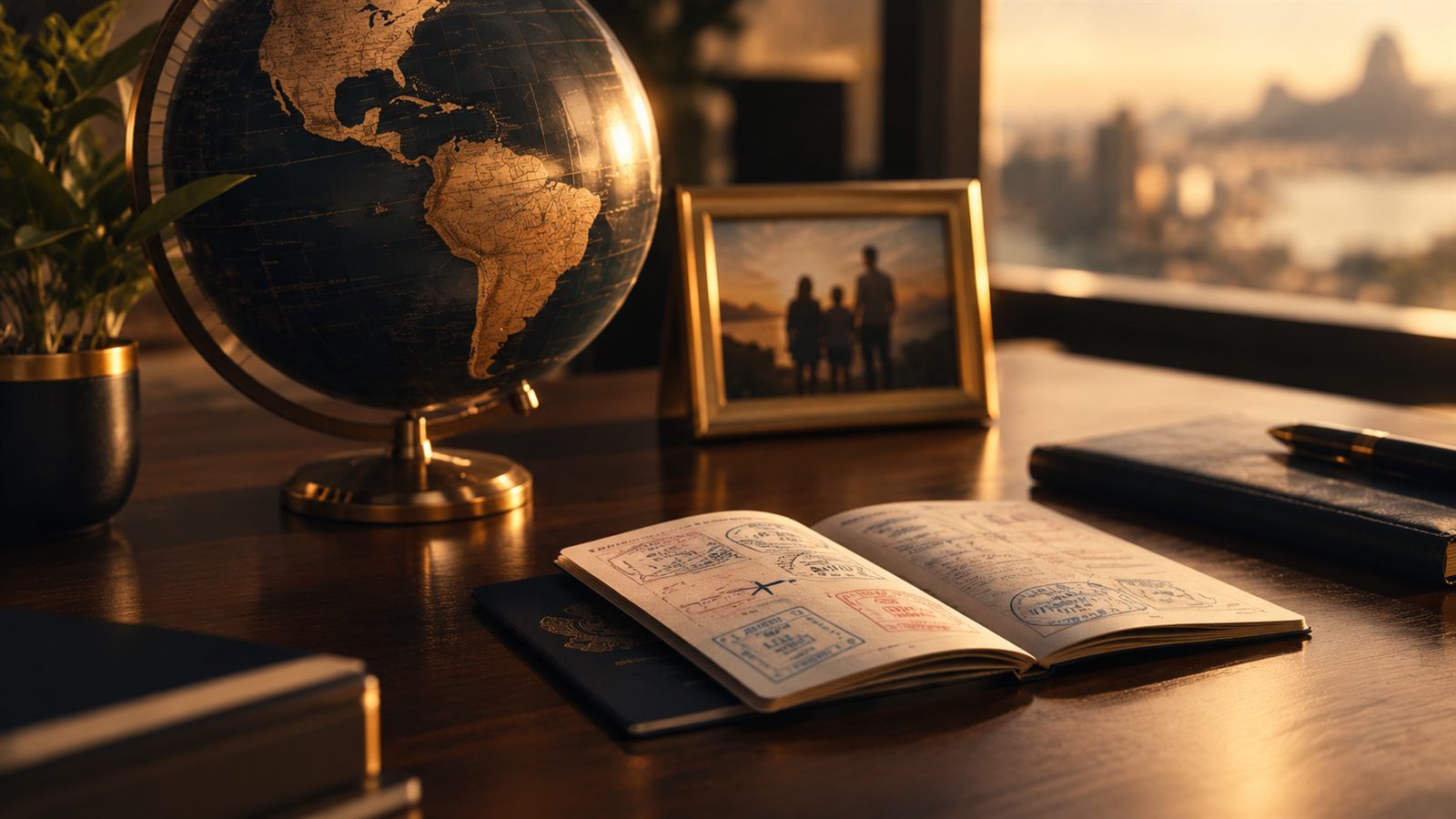 Globo terrestre e passaporte com carimbos sobre uma mesa, ao lado de retrato de família, simbolizando questões familiares internacionais