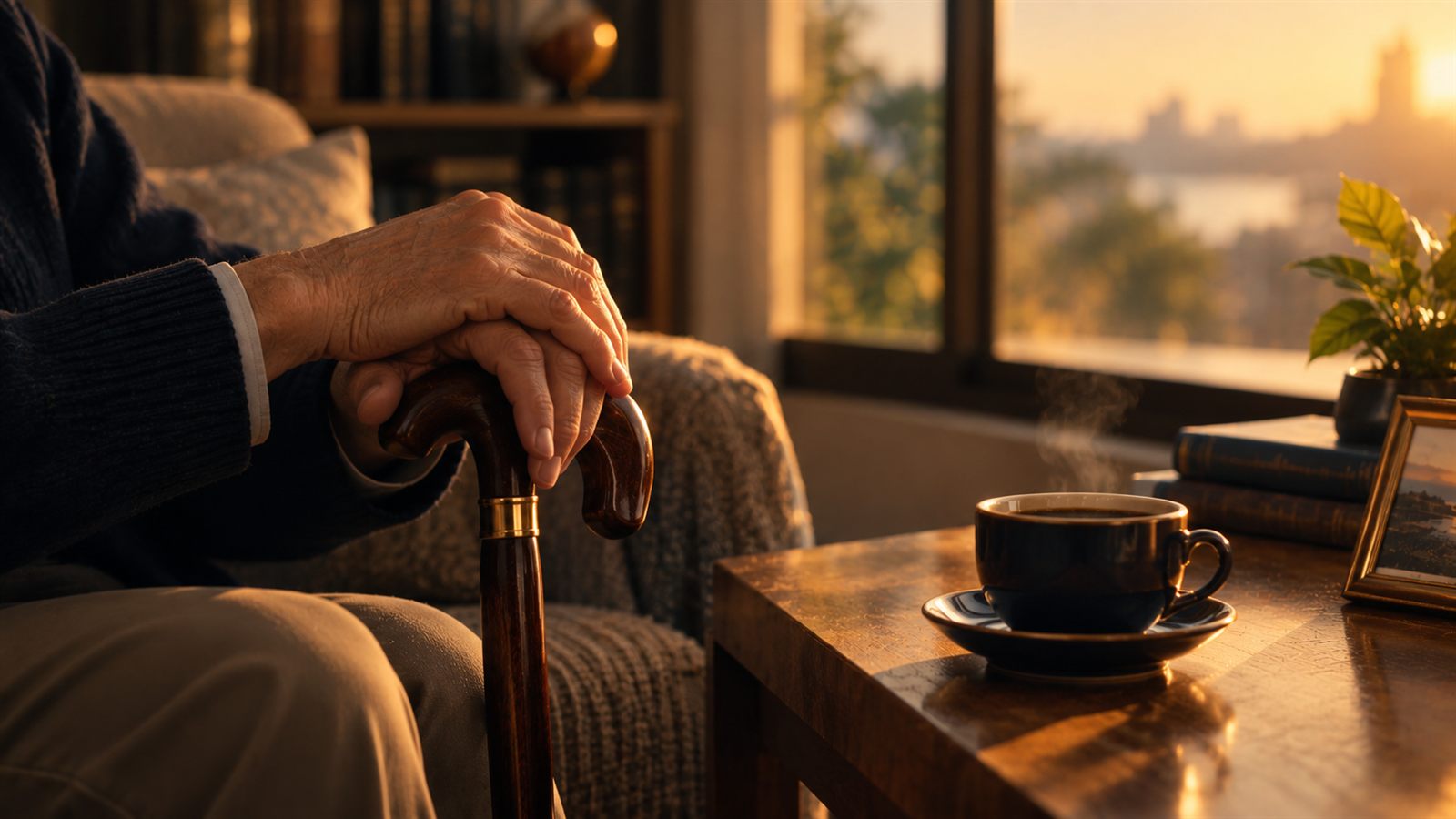 Mãos de uma pessoa idosa apoiadas em uma bengala, ao lado de uma xícara de café, simbolizando segurança e dignidade na aposentadoria